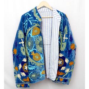 Velvet Knitted Breathable Embroidered Floral <b>Mandarin</b> <b>Collar</b> Full Sleeve Autumn Women's <b>Jacket</b> with Hand Embroidery Design - Product Image 3
