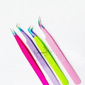 Pinzas de extensión de pestañas de acero inoxidable con 4 colores diferentes de recubrimiento en polvo y punta multicolor de plasma, puntas regulares. - Product Image 4