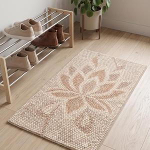 Tapis d'intérieur en laine tissé à la main, couleur unie crème beige, motif fleur de lotus, antidérapant, à poils moyens, texture minimaliste, décoration moderne pour la maison - Product Image 4
