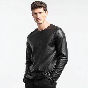 T-shirt à manches longues en cuir PU brillant de haute qualité pour homme - Style décontracté urbain pour l'hiver, respirant et écologique - Product Image 5