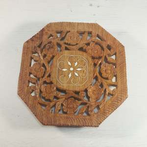 Handmade Octagonal Sheesham Wood Trivet - Floral Carved Wooden Hot Pad for <b>Kitchen</b> Dining - Heat Resistant Pot Holder Coaster - Product Image 1