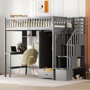 Letto a soppalco grigio matrimoniale con libreria, cassetti, scrivania e armadio - Set di mobili per bambini - Product Image 2