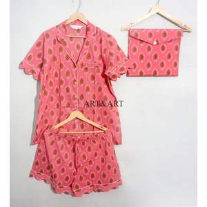 Conjunto de Pijama de Verano 100% Algodón Puro, Elegante y Clásico, con Estampado, Cierre con Cordón, Pantalones Cortos Tipo Canguro, Bolsillos, Suave - Product Image 5