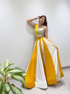 <b>Women</b> Indian Pakistani Silk <b>Lehenga</b> Set Yellow White Floor Length Traditional Wedding Dress Loose Fit Stretchable - Product Image 3