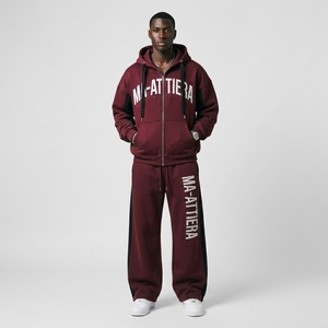 <b>Men</b> <b>Burgundy</b> Oversized Zip Up <b>Hoodie</b> and Wide Leg Sweatpants Two Piece Tracksuit Set - Product Image 1