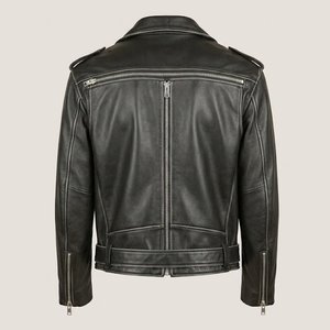 Veste de moto en cuir véritable pour hommes, style motard, col rabattu, fermeture éclair, ceinture, coupe ajustée, pour l'automne et l'hiver - Product Image 2
