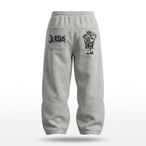 Pantalon de survêtement gris pour homme avec imprimé couronne d'épines de Jésus et lettrage croix, taille élastique avec cordon de serrage, joggers décontractés - Product Image 2