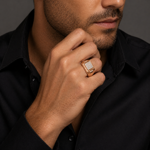 <b>Mens</b> 18KT Rose Gold Square Micro Pave Cubic Zirconia Signet <b>Ring</b> Textured Statement Band Luxury Wedding Party Gift Jewelry - Product Image 5