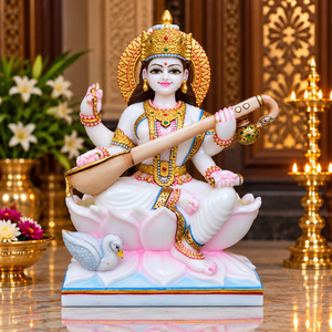 Murti de Mármol de Saraswati |   Ídolo de Saraswati en Mármol Blanco con Veena |   Estatua de Diosa Hecha a Mano para Templo, Mandir y Hogar - Product Image 1