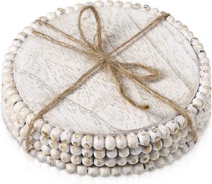 Juego de Posavasos Redondos de Madera de Acacia Hechos a Mano, Diseño Moderno con Cuentas, 4.7 Pulgadas, Beige, Color y Tamaño Personalizables, Opción de Logotipo Personalizado - Product Image 3