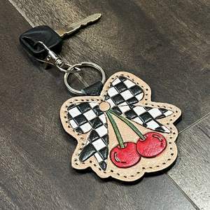 2026 Trending Handcrafted Checkered Leather Bow Cherry Design Keychain Real Leather Souvenir Gift Fashion Bag <b>Charm</b> For Women - Product Image 4