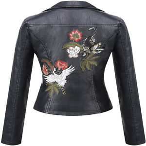 Blouson de motard en cuir PU pour femme, broderie grue et tigre au dos, col rabattu, manches longues, coupe courte - Product Image 3