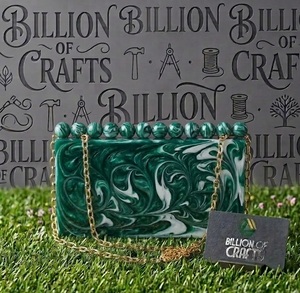 Luxury <b>Green</b> Resin <b>Clutch</b> <b>Bag</b> Women Marble Effect Evening Party Handbag Beaded Handle Gold Chain <b>Wedding</b> Purse - Product Image 3