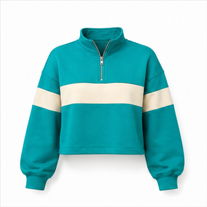 Sweat-shirt court moderne pour femme Aqua Teal personnalisable, demi-zip, bicolore, coton biologique WHZCROP-0016 - Product Image 1