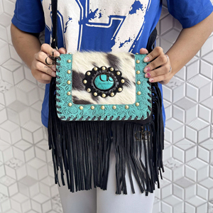 Bolso con flecos de piel de vaca auténtica, bolso con bandolera de piedra turquesa, bolso de nuevo diseño hecho a mano Vintage bohemio gitano, bolsos elegantes multiusos - Product Image 1