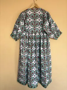 Boho Chic <b>White</b> Hand Block Floral Print Loose Cotton Midi Dress With Tie-Neck Short Sleeve Boho Casual Dress For Women - Product Image 3