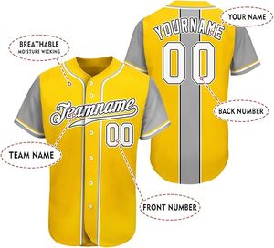 Maillot de baseball personnalisé pour homme, jaune et gris, manches courtes, boutonné, impression sublimée, évacuation de l'humidité, vêtements toutes saisons - Product Image 5