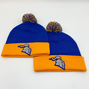 Blue and Orange Knitted <b>Beanie</b> <b>with</b> <b>Pom</b> <b>Pom</b> Embroidered Logo Unisex Winter Hat Casual Style Adult Size 56-58CM - Product Image 1