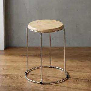 Taburete de Acero Inoxidable con Asiento de Madera para Hogar, Oficina, Tienda, Restaurante, Cocina, Comedor, Tocador, Asiento Multiusos - Product Image 4