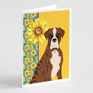 Summer Sunflowers Boxer Greeting Cards Pack 8 Whimsical A7 Size <b>5x7</b> Blank Note Cards Natural Eared Red Brindle <b>Envelopes</b> - Product Image 1