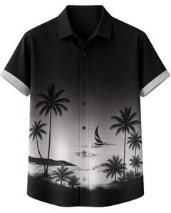 Camisa de Manga Corta con Botones y Estampado de Palmeras en Degradado Negro Personalizada, Camisa Casual de Verano para Hombre, Fabricante OEM, Suministro al por Mayor - Product Image 1