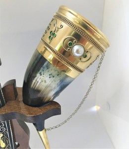 Custom Molding Brass Pattern Viking Horn Beer Horn With Wooden Holding <b>Stand</b> For Bar Restaurant at Reasonable Price by UO INDIA - Product Image 3