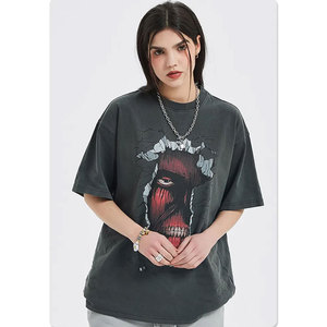 T-shirt graphique délavé vintage, coupe oversize, streetwear, en coton, décontracté, effet vieilli, imprimé graphique, coupe ample - Product Image 5