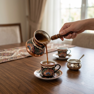 Cafetera Turca Cezve de Cobre Pintada a Mano con Esmalte Colorido, Arte Folclórico Floral Griego Briki, para Estufa, con Mango de Madera - Proveedor - Product Image 4