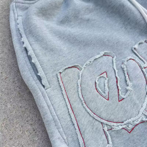 Custom French Terry Y2K Grunge Raw Edge Applique Letter Eye Cutout <b>Red</b> Heart Patch <b>Mens</b> Sweat <b>Shorts</b> Clothing Manufacturer - Product Image 3