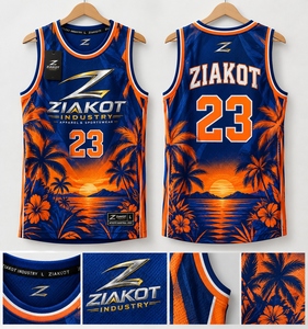 Venta al por Mayor Directa de ZIAKOT INDUSTRY, Jersey de Baloncesto Personalizado con Patrón 3D Tropical de Palmeras Hawaianas en Naranja Real y Azul Marino - Product Image 1