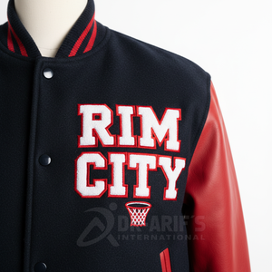 Veste de baseball rouge pour homme avec manches en cuir, logo de basketball brodé, style preppy, fermeture éclair, automne - Product Image 5