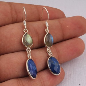 Natural Lapis Lazuli and Labradorite <b>Earrings</b> 925 <b>Sterling</b> <b>Silver</b> Jewelry Mixed Gemstone <b>Dangle</b> <b>Earrings</b> Royal Blue & Blue Flash - Product Image 3