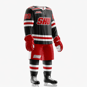 Conjunto de Uniforme de Hockey sobre Hielo SHU, Jersey Sublimado Negro y Rojo para Adultos, Absorbe la Humedad, Corte Regular, Manga Larga, Cuello en V - Product Image 1