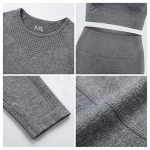 Gray 2 Piece Yoga Set Crew Neck Long Sleeve <b>Crop</b> <b>Top</b> High Waist Full Length Leggings <b>Mesh</b> Breathable Seamless Women's Sportswear - Product Image 4
