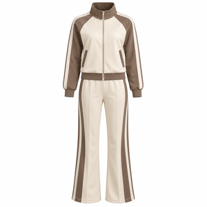 Ensemble de survêtement beige uni pour femme, manches longues, col montant, fermeture éclair sur le devant, décontracté, pour l'automne, respirant, en polyester, coupe classique - Product Image 3