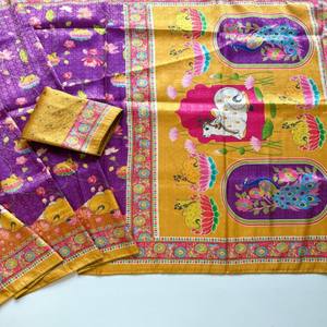 Sari en soie douce VASTRA COTTAGE, jacquard Jari, imprimé numérique Kalamkari, avec blouse à passepoil Doori - Product Image 2