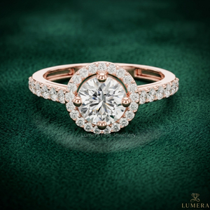 Anillo de Compromiso y Boda de Lujo con Halo de Diamantes Redondos Cultivados en Laboratorio, Certificados por IGI, en Oro Rosa de 9K-18K para Mujer - Product Image 1