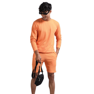 <b>Men's</b> <b>Orange</b> Crew Neck <b>Sweatshirt</b> and Shorts Set Solid Color Knitted Breathable Casual Summer Outfit - Product Image 4