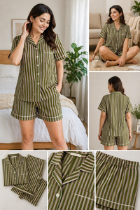 Conjunto de Pijama Verde Oliva a Rayas para Mujer, 100% Algodón, Camisa de Manga Corta y Pantalones Cortos, Conjunto Casual Hecho a Mano, Pijama de Lujo - Product Image 4