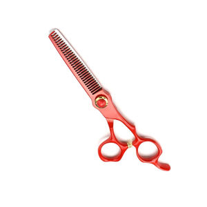 Tijeras de Peluquería Personalizadas para Cortar y Entresacar Cabello, Color Rojo, con Tornillo Decorativo y Reposa Dedos - Product Image 1