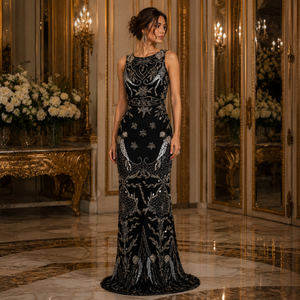 Luxury Black Embroidered Evening Gown| Sleeveless Floor Length Designer <b>Sequin</b> Formal Dress Elegant Party Wear For Women Premium - Product Image 2