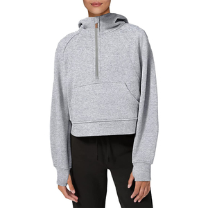 Women Zip up Crop Hoodie Fleece Lined Collar Pullover Quarter Zipper Hooded Sweatshirt Long Sleeve Cropped Hoodie <b>Thumb</b> <b>Hole</b> - Product Image 1