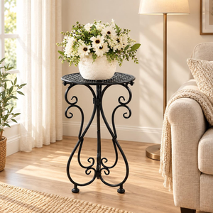 Support de plante en métal noir, 17 pouces de haut, résistant à la rouille, support de pot de fleurs en fer, pour intérieur et extérieur, patio, véranda, balcon, décoration de jardin - Product Image 1