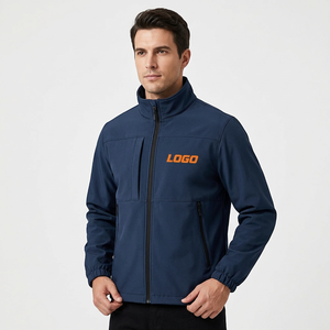 Chaqueta de Trabajo con Capucha Azul Marino para Hombre, Resistente al Viento, con Logotipo Naranja Impreso por Transferencia Térmica, Cuello Alto, Cierre de Cremallera, para Otoño - Product Image 4