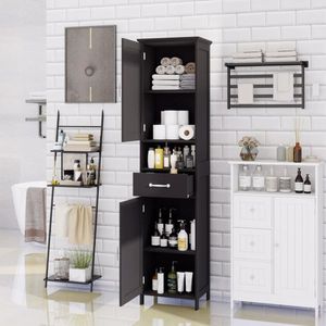 Mobiletto Nero a Doppia Anta, Sottile e Alto, con 2 Ripiani Regolabili per Arredo Bagno - Product Image 1