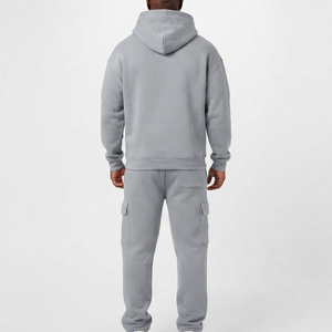 Ensemble de jogging décontracté gris grande taille en coton uni avec pantalon de survêtement et sweat à capuche coupe ample et longueur intégrale avec poches latérales - Product Image 5