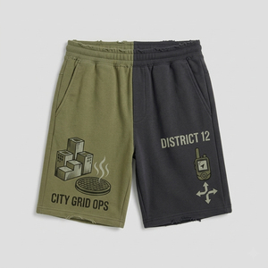 Urban Grid Hoodie Shorts <b>Set</b> Men's Street Style Cotton French Terry Printed Two-Tone Olive Black Autumn Wear - Product Image 4