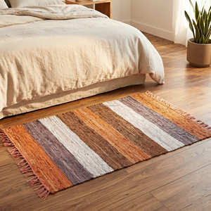 Rust Multi Stripe Handmade Leather Area <b>Rug</b> for Bedroom <b>Rustic</b> Mid Century Modern & Contemporary Home - Product Image 1