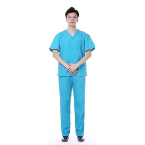Ensemble de blouses médicales bleues à col en V pour hommes, manches courtes, uniforme d'hôpital, coton et polyester tissé, pour médecins et infirmières - Product Image 1