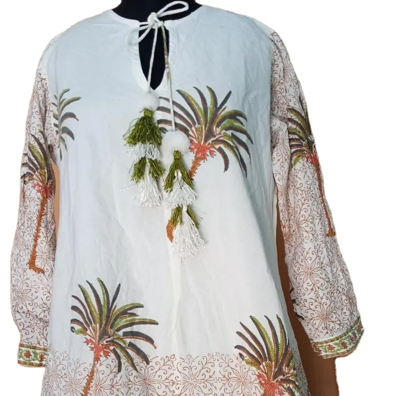 شجرة تصميم مع الرقبة بوم بوم تصميم قماش مطبوع يدوي المطبوعة القطن الخالص الصيف السيدات يتوهم القطن ملابس النوم ماكسي اللباس